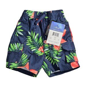 NWT | Kanu Surf "Kala" Navy Tropical Leaf Print Cargo Swim Trunks | 3T